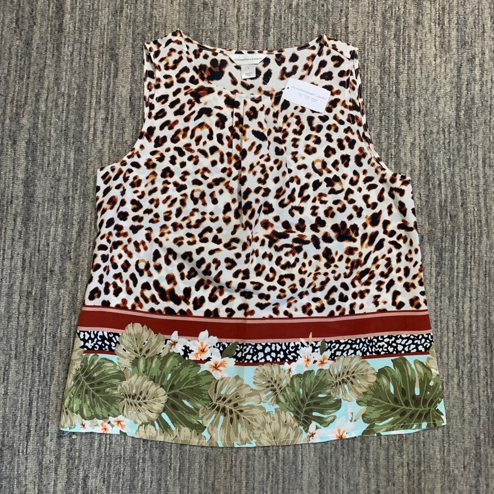 Christopher & Banks Leopard Print Tank Top Sleeveless Blouse Floral Trim Small
